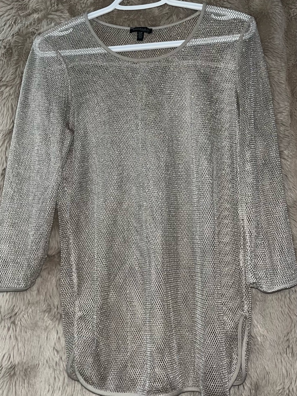 Metallic Silver Long-Sleeve Mesh Tunic Dress